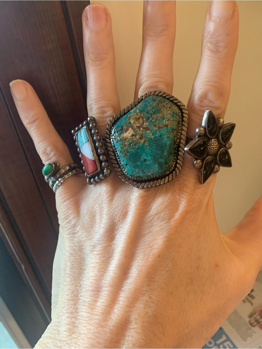 Set of 4 Turquoise, onyx sterling silver vintage rings